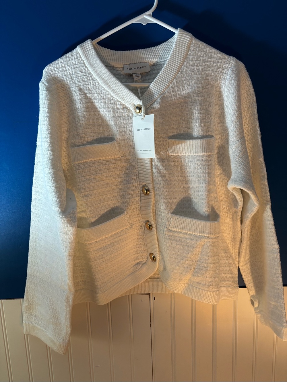 Free Assembly White Textured Pocket Cardigan with Gold Buttons
